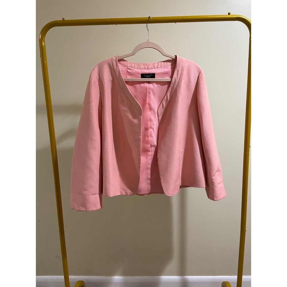 Talbots Womens Pink Cotton Silk‎ Blend Open Front Cropped Blazer Jacket Size 16